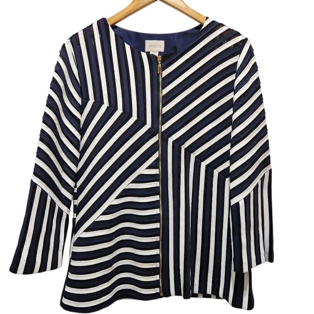 Chico's travelers ribbbin stripe zip front jacket black blue white medium 8 1